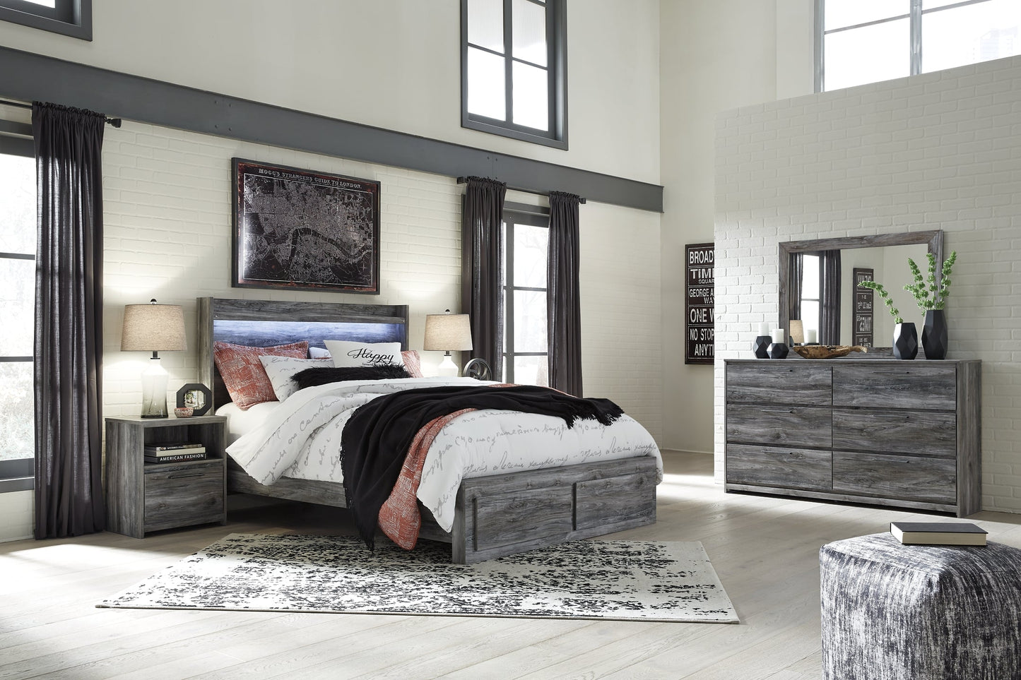 Baystorm Queen Panel Bed with 2 Storage Drawers with Mirrored Dresser and Nightstand Furniture Mart - online today or in-store at our location in Duluth, Ga. Furniture Mart Georgia. View our lowest price today. Shop Now.