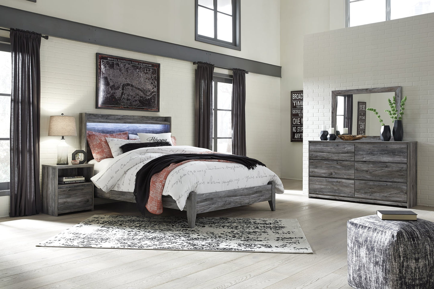 Baystorm Queen Panel Bed with Mirrored Dresser and Nightstand Furniture Mart -  online today or in-store at our location in Duluth, Ga. Furniture Mart Georgia. View our lowest price today. Shop Now. 