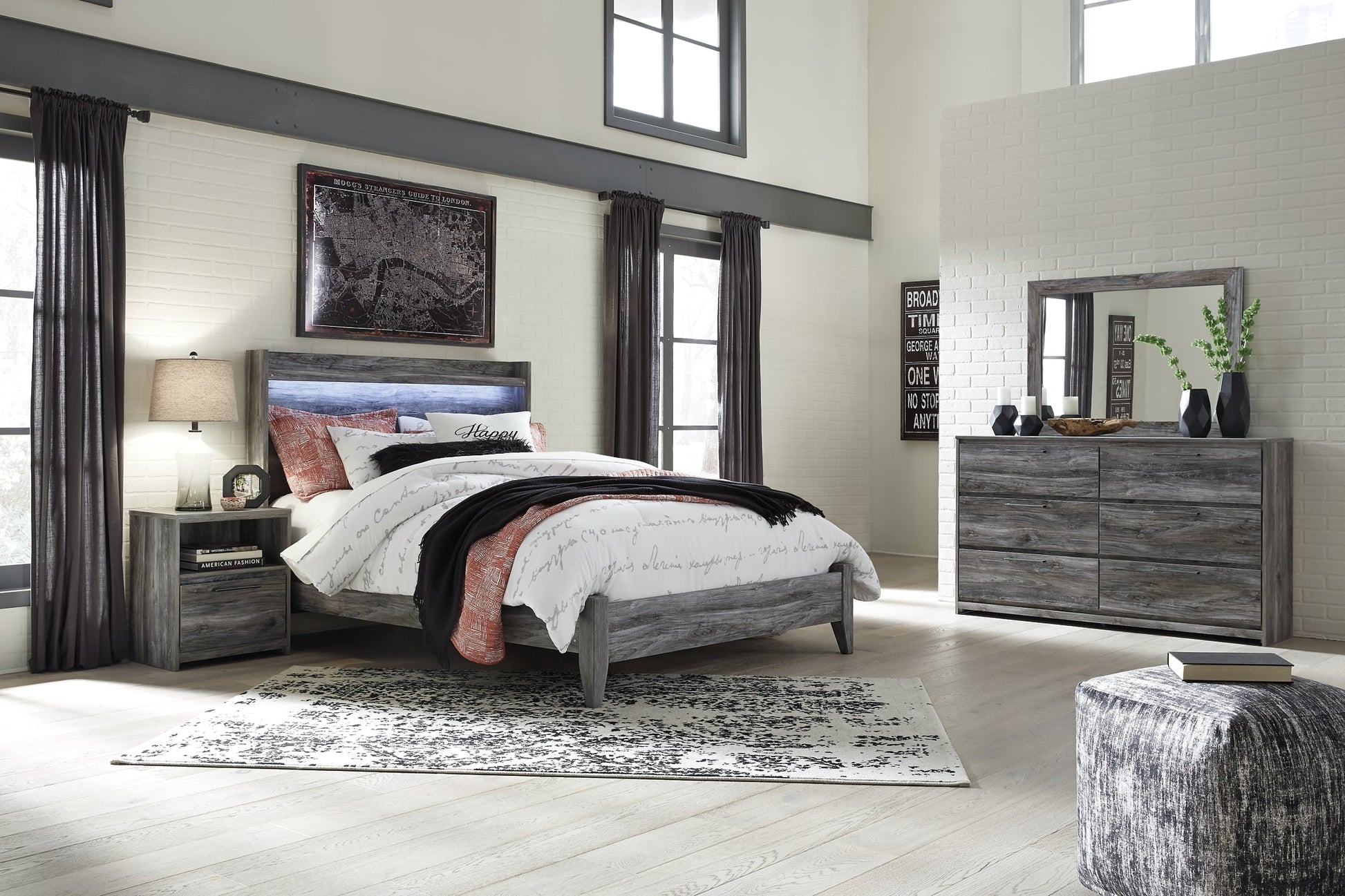 Baystorm Queen Panel Bed with Mirrored Dresser and Nightstand Furniture Mart -  online today or in-store at our location in Duluth, Ga. Furniture Mart Georgia. View our lowest price today. Shop Now. 