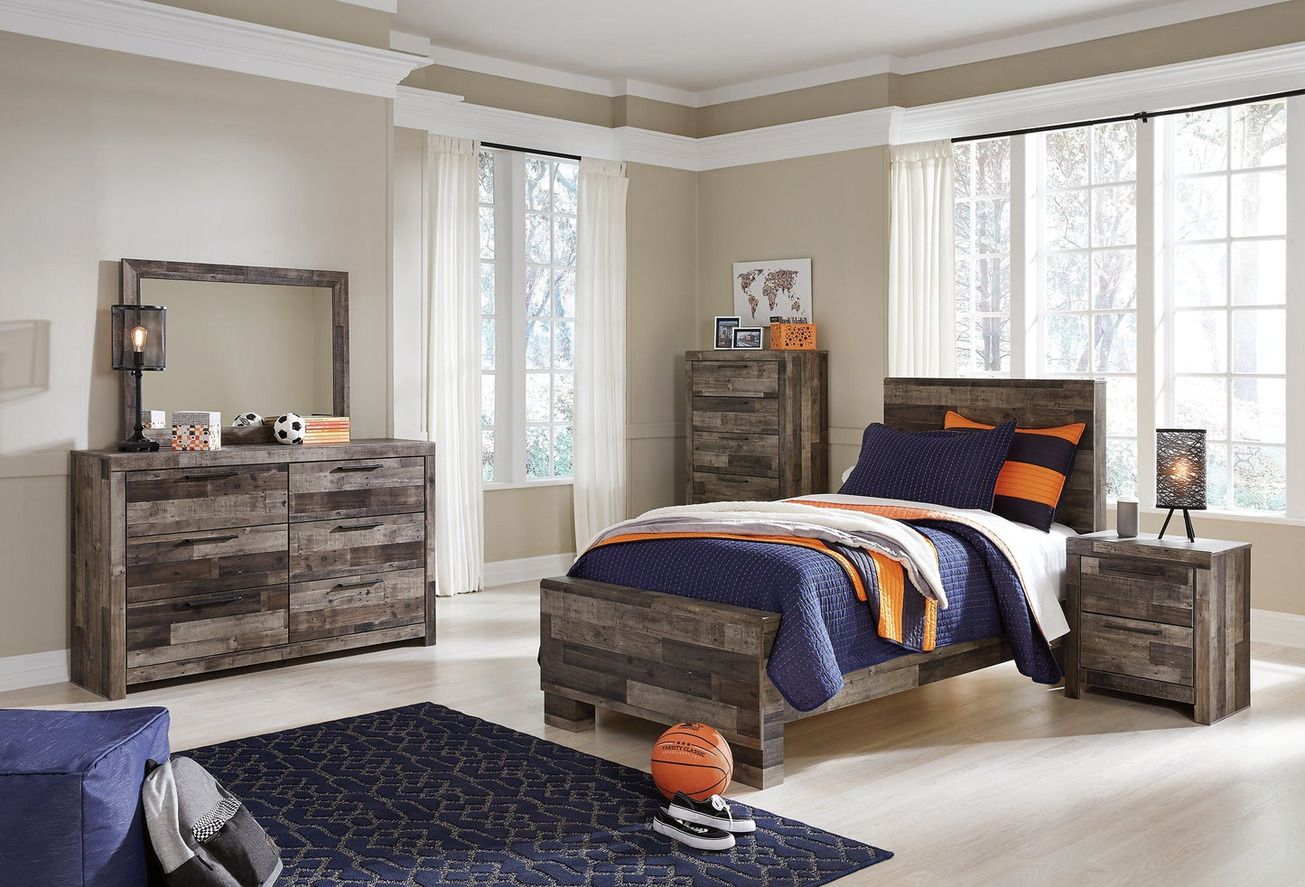 Derekson Twin Panel Bed with Mirrored Dresser, Chest and Nightstand Furniture Mart -  online today or in-store at our location in Duluth, Ga. Furniture Mart Georgia. View our lowest price today. Shop Now. 