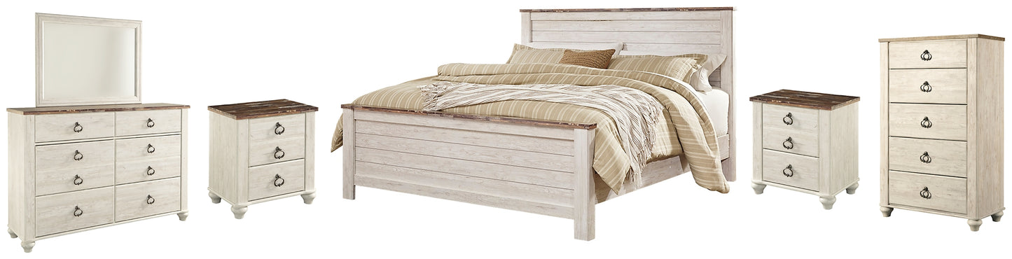 Willowton Panel Bed With Mirrored Dresser, Chest And 2 Nightstands