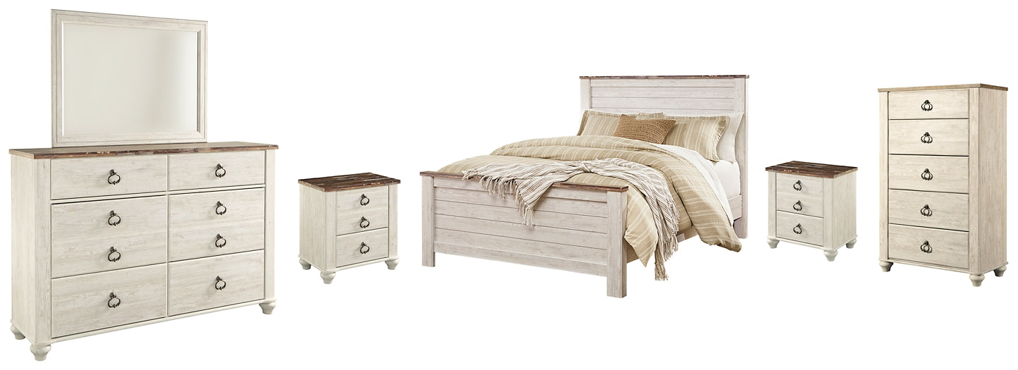 Willowton Panel Bed With Mirrored Dresser, Chest And 2 Nightstands