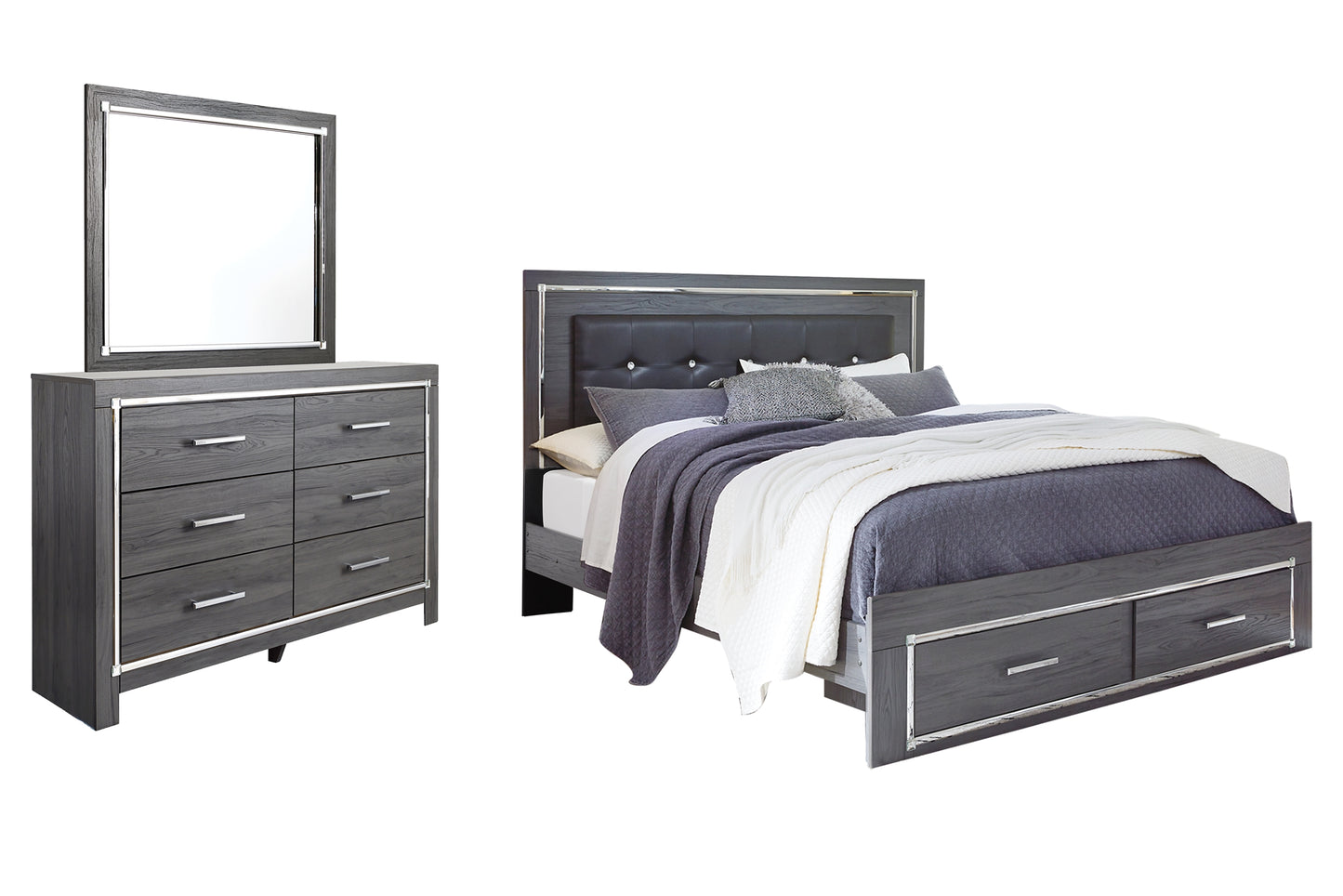 Lodanna Panel Bed With 2 Storage Drawers With Mirrored Dresser