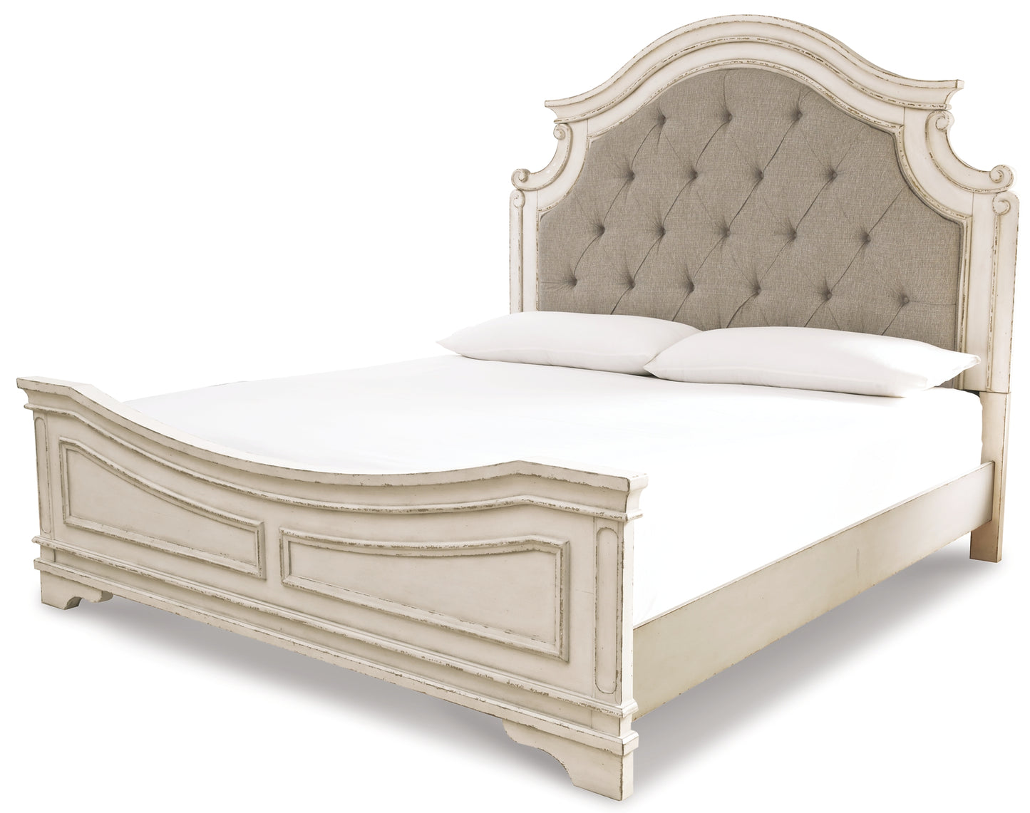 Realyn Upholstered Panel Bed With Mirrored Dresser And Chest
