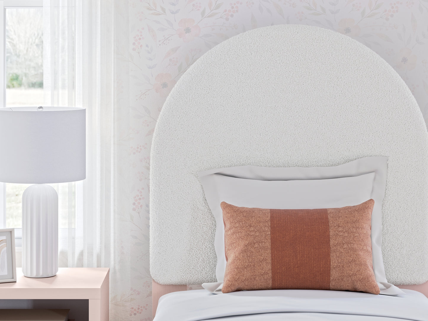 Wistenpine Twin Upholstered Panel Headboard with Mirrored Dresser and Nightstand