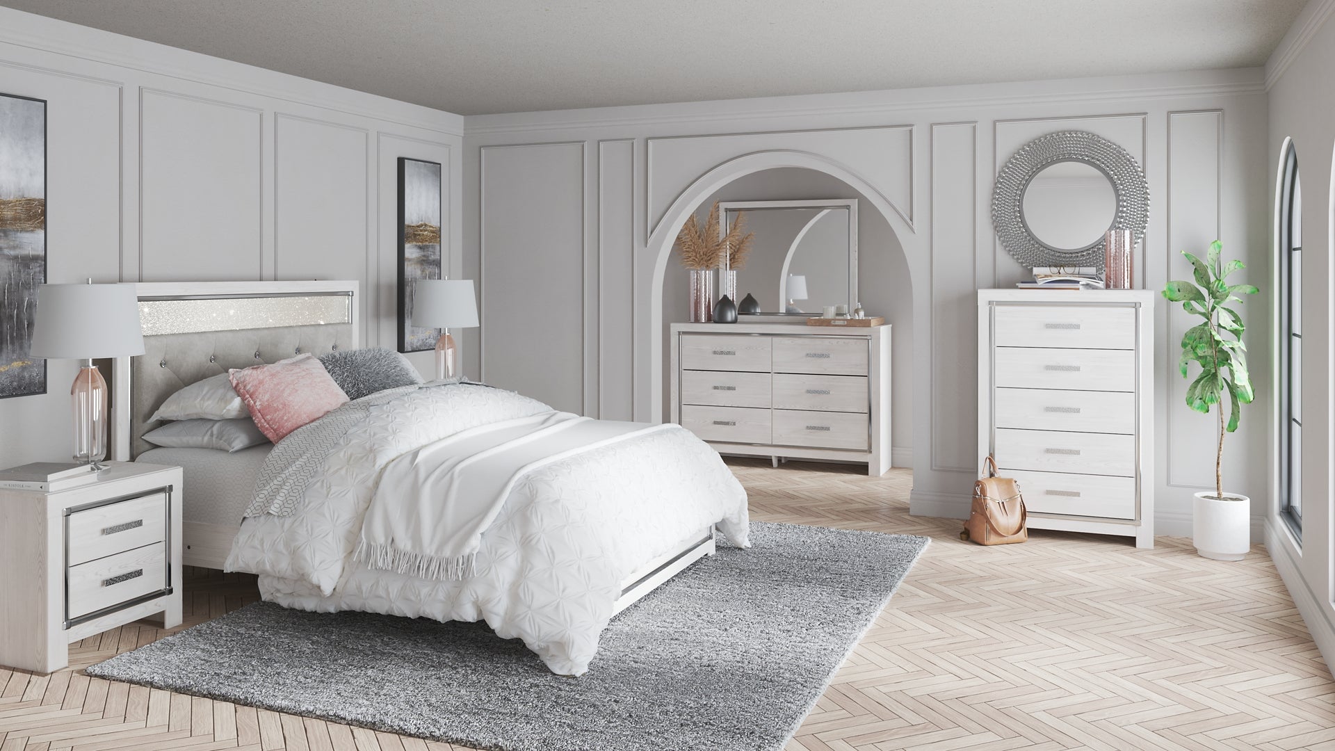 Altyra Queen Panel Bed with Mirrored Dresser, Chest and Nightstand Furniture Mart -  online today or in-store at our location in Duluth, Ga. Furniture Mart Georgia. View our lowest price today. Shop Now. 