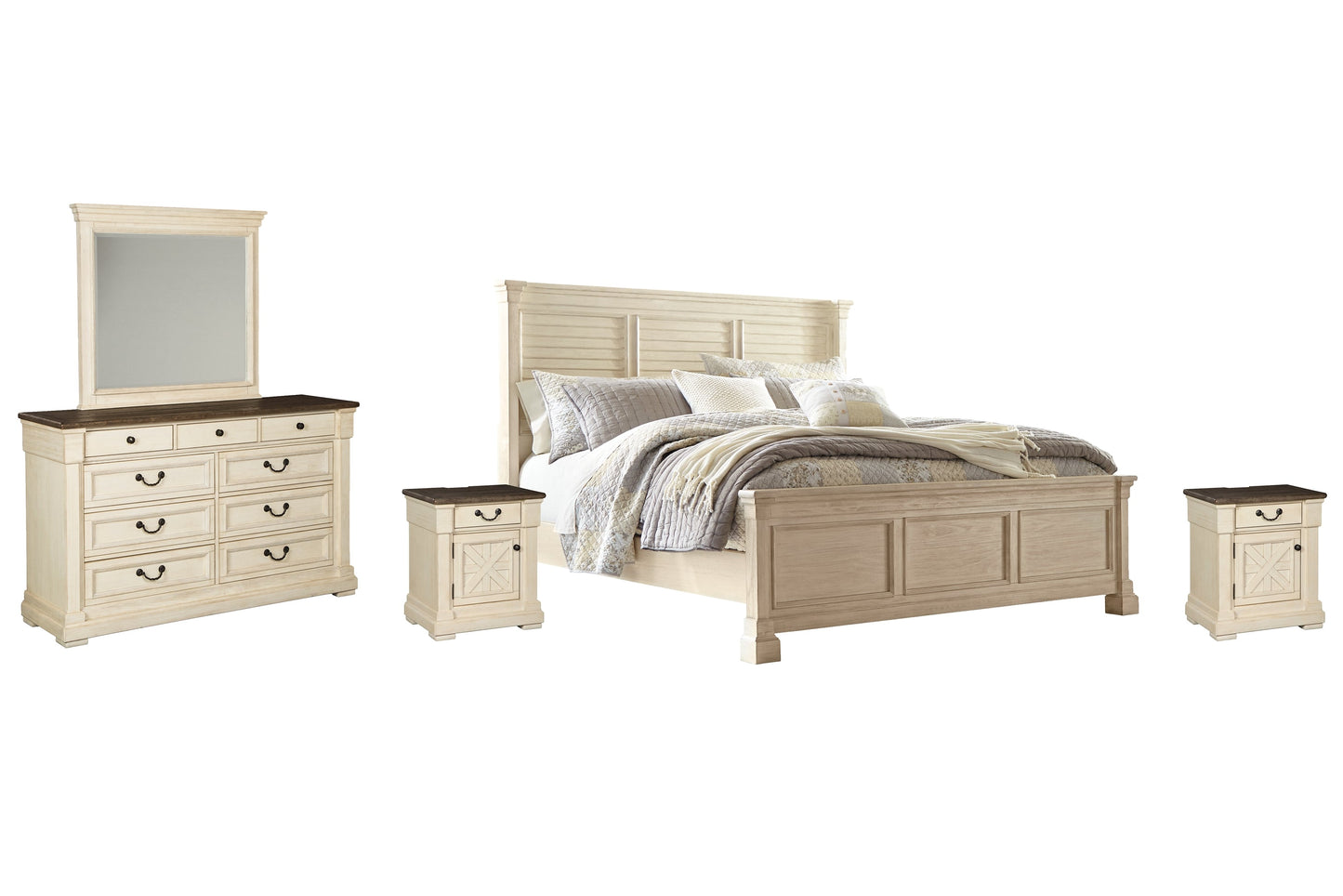 Bolanburg King Panel Bed with Mirrored Dresser and 2 Nightstands Furniture Mart -  online today or in-store at our location in Duluth, Ga. Furniture Mart Georgia. View our lowest price today. Shop Now. 