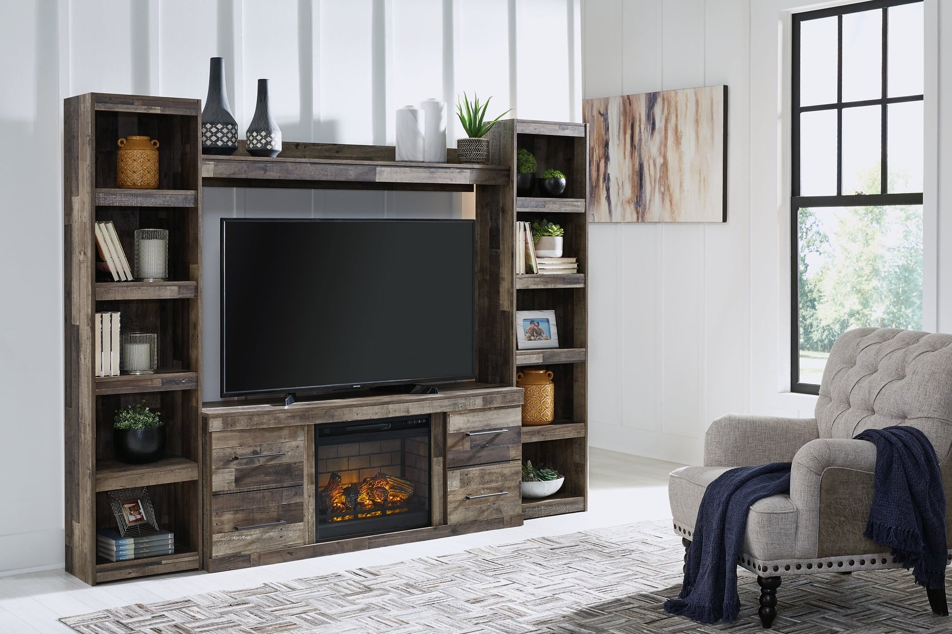 Derekson 4-Piece Entertainment Center with Electric Fireplace Furniture Mart -  online today or in-store at our location in Duluth, Ga. Furniture Mart Georgia. View our lowest price today. Shop Now. 