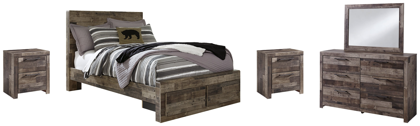 Derekson Full Panel Bed with 2 Storage Drawers with Mirrored Dresser and 2 Nightstands Furniture Mart -  online today or in-store at our location in Duluth, Ga. Furniture Mart Georgia. View our lowest price today. Shop Now. 