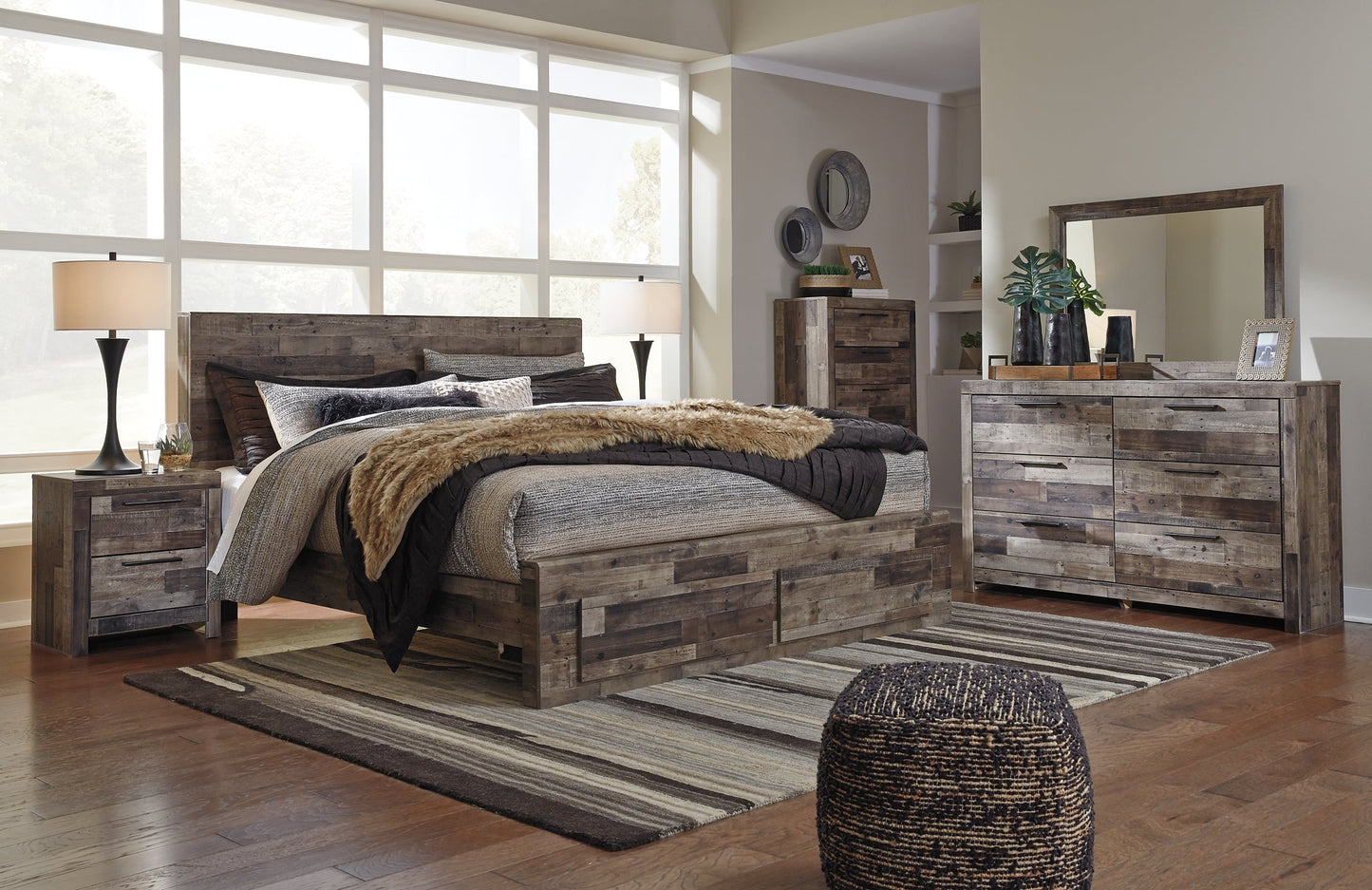 Derekson King Panel Bed with 2 Storage Drawers with Mirrored Dresser, Chest and 2 Nightstands Furniture Mart -  online today or in-store at our location in Duluth, Ga. Furniture Mart Georgia. View our lowest price today. Shop Now. 
