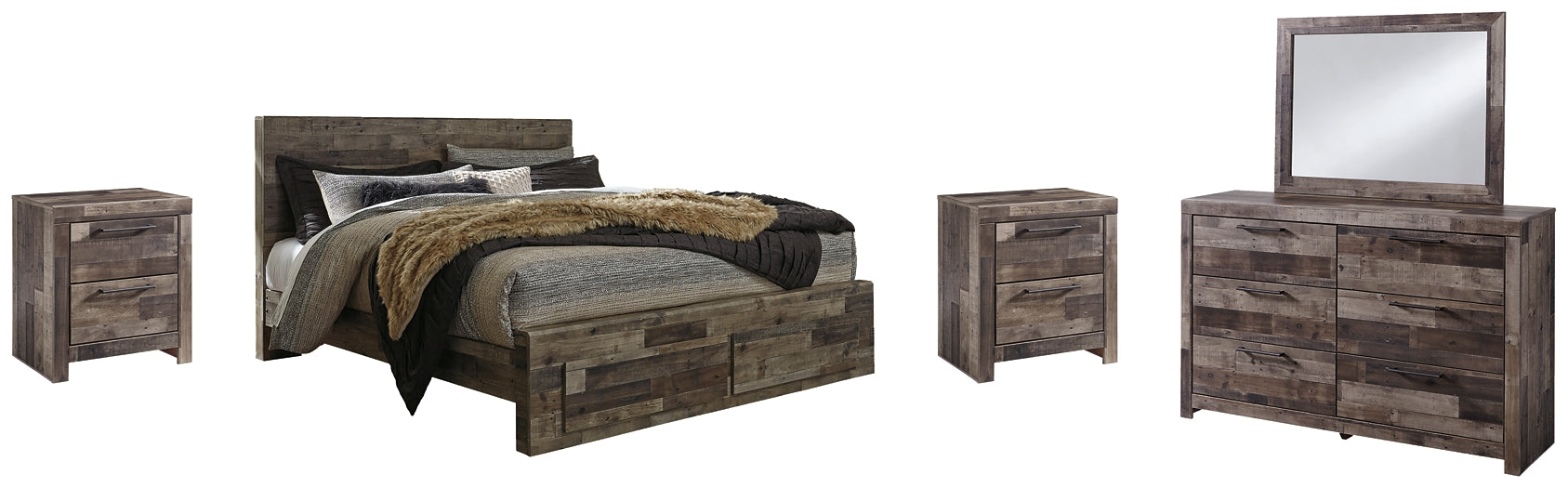 Derekson King Panel Bed with 2 Storage Drawers with Mirrored Dresser and 2 Nightstands Furniture Mart -  online today or in-store at our location in Duluth, Ga. Furniture Mart Georgia. View our lowest price today. Shop Now. 
