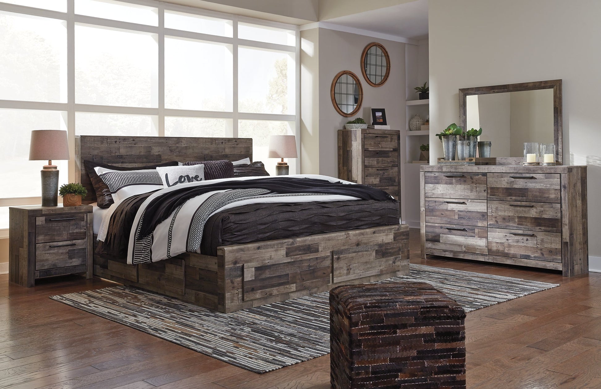 Derekson King Panel Bed with 4 Storage Drawers with Mirrored Dresser, Chest and Nightstand Furniture Mart -  online today or in-store at our location in Duluth, Ga. Furniture Mart Georgia. View our lowest price today. Shop Now. 