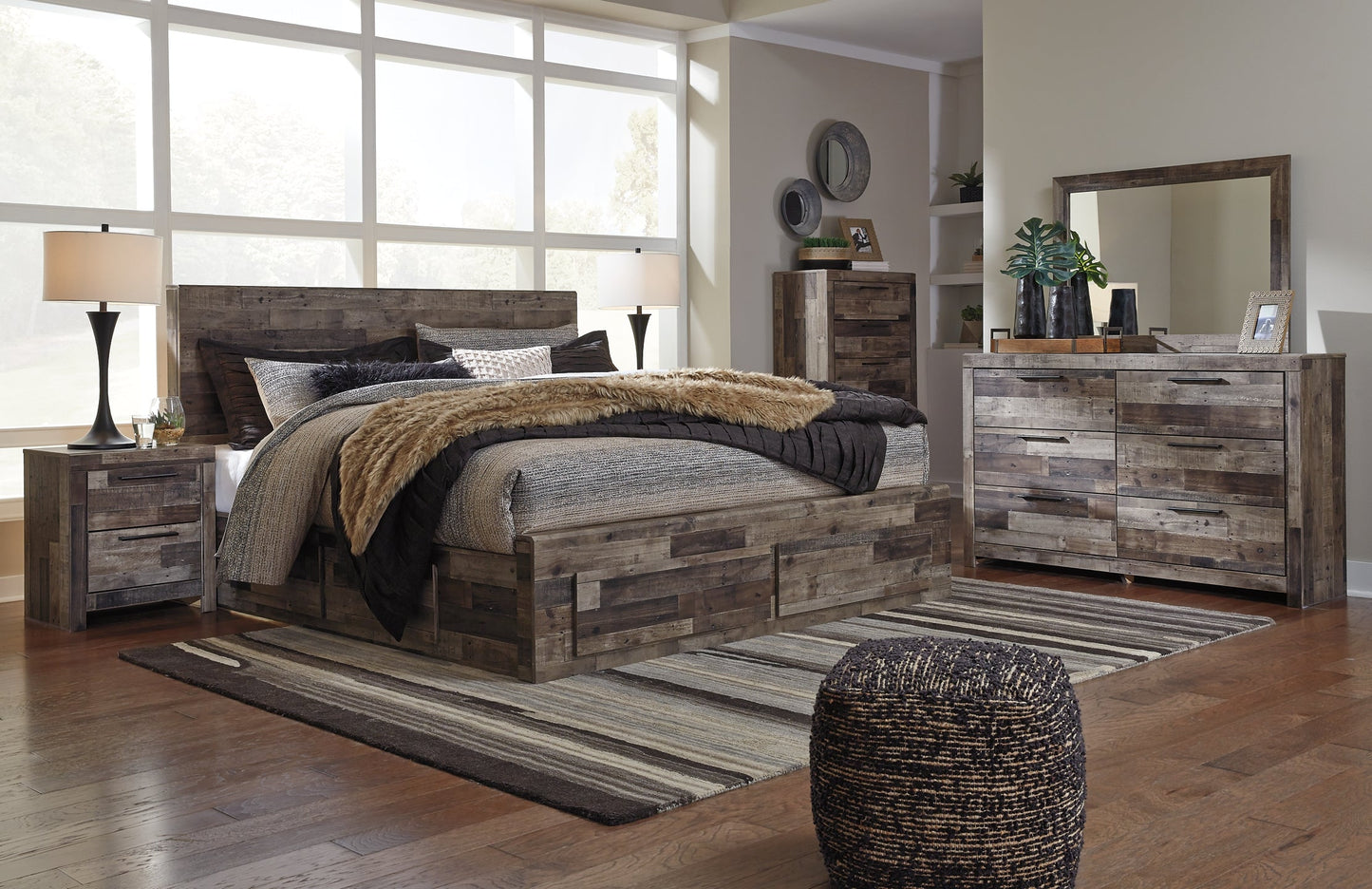 Derekson King Panel Bed with 4 Storage Drawers with Mirrored Dresser, Chest and Nightstand Furniture Mart -  online today or in-store at our location in Duluth, Ga. Furniture Mart Georgia. View our lowest price today. Shop Now. 