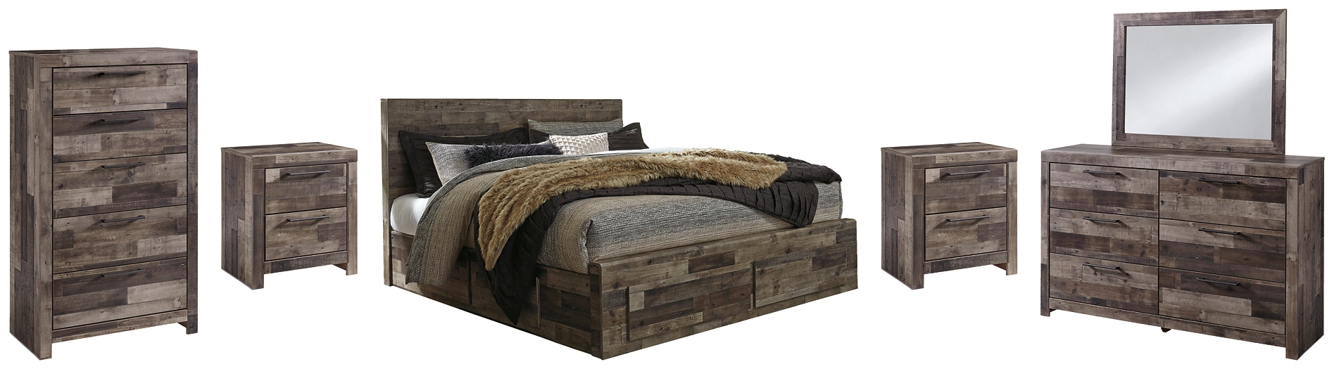 Derekson King Panel Bed with 6 Storage Drawers with Mirrored Dresser, Chest and 2 Nightstands Furniture Mart -  online today or in-store at our location in Duluth, Ga. Furniture Mart Georgia. View our lowest price today. Shop Now. 