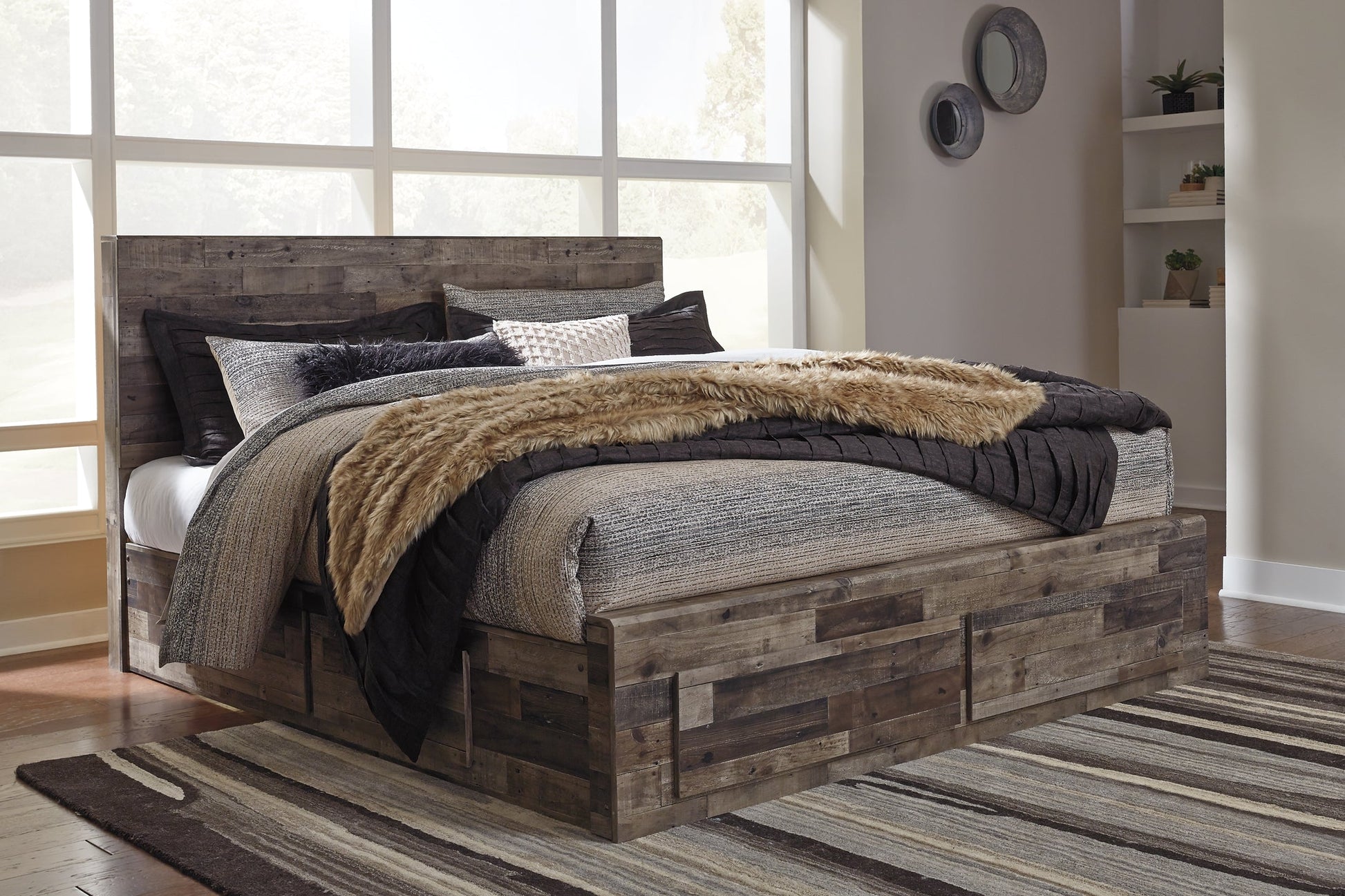 Derekson King Panel Bed with 6 Storage Drawers with Mirrored Dresser and Chest Furniture Mart -  online today or in-store at our location in Duluth, Ga. Furniture Mart Georgia. View our lowest price today. Shop Now. 