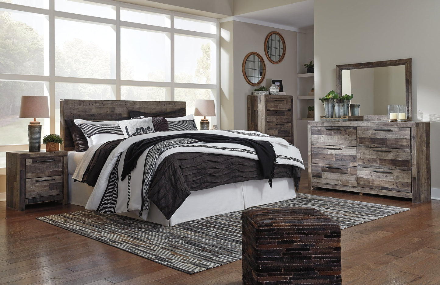 Derekson King Panel Headboard with Mirrored Dresser, Chest and 2 Nightstands Furniture Mart -  online today or in-store at our location in Duluth, Ga. Furniture Mart Georgia. View our lowest price today. Shop Now. 