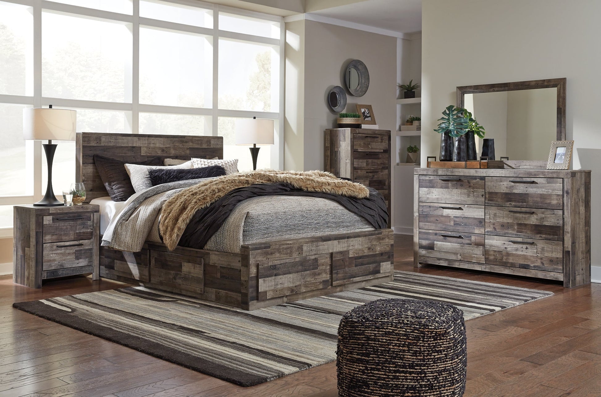 Derekson Queen Panel Bed with 4 Storage Drawers with Mirrored Dresser, Chest and Nightstand Furniture Mart -  online today or in-store at our location in Duluth, Ga. Furniture Mart Georgia. View our lowest price today. Shop Now. 