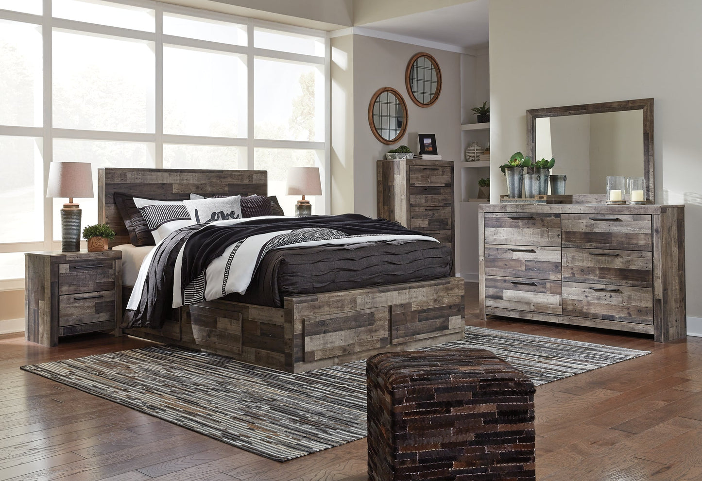 Derekson Queen Panel Bed with 4 Storage Drawers with Mirrored Dresser, Chest and Nightstand Furniture Mart -  online today or in-store at our location in Duluth, Ga. Furniture Mart Georgia. View our lowest price today. Shop Now. 