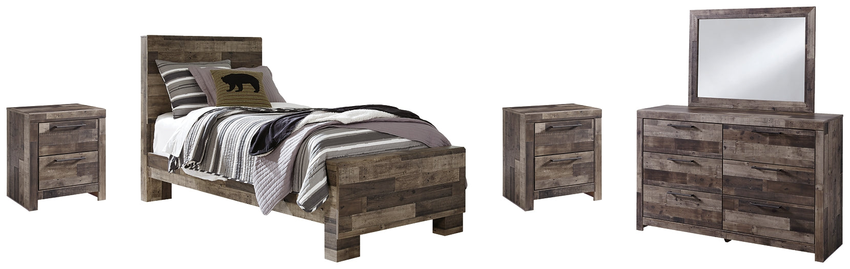 Derekson Twin Panel Bed with Mirrored Dresser and 2 Nightstands Furniture Mart -  online today or in-store at our location in Duluth, Ga. Furniture Mart Georgia. View our lowest price today. Shop Now. 