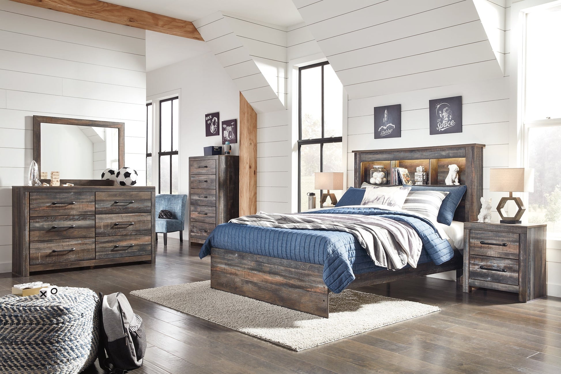 Drystan Full Bookcase Headboard with Mirrored Dresser, Chest and 2 Nightstands Furniture Mart -  online today or in-store at our location in Duluth, Ga. Furniture Mart Georgia. View our lowest price today. Shop Now. 