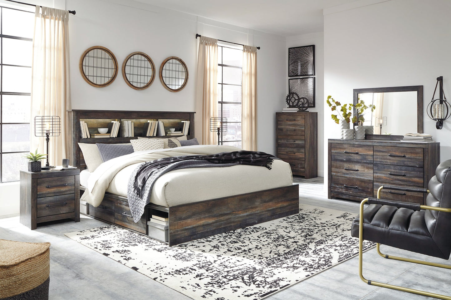 Drystan King/California King Bookcase Headboard with Mirrored Dresser, Chest and 2 Nightstands Furniture Mart -  online today or in-store at our location in Duluth, Ga. Furniture Mart Georgia. View our lowest price today. Shop Now. 