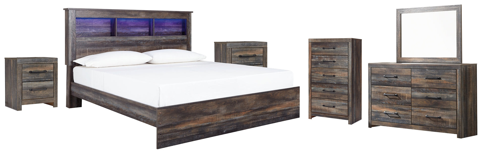 Drystan King Panel Bookcase Bed with Mirrored Dresser, Chest and 2 Nightstands Furniture Mart -  online today or in-store at our location in Duluth, Ga. Furniture Mart Georgia. View our lowest price today. Shop Now. 