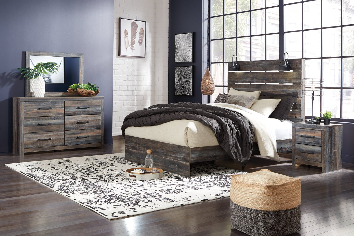 Drystan Queen Panel Bed with Mirrored Dresser, Chest and 2 Nightstands Furniture Mart -  online today or in-store at our location in Duluth, Ga. Furniture Mart Georgia. View our lowest price today. Shop Now. 