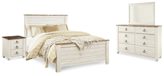 Willowton Queen Panel Bed with Mirrored Dresser and Nightstand