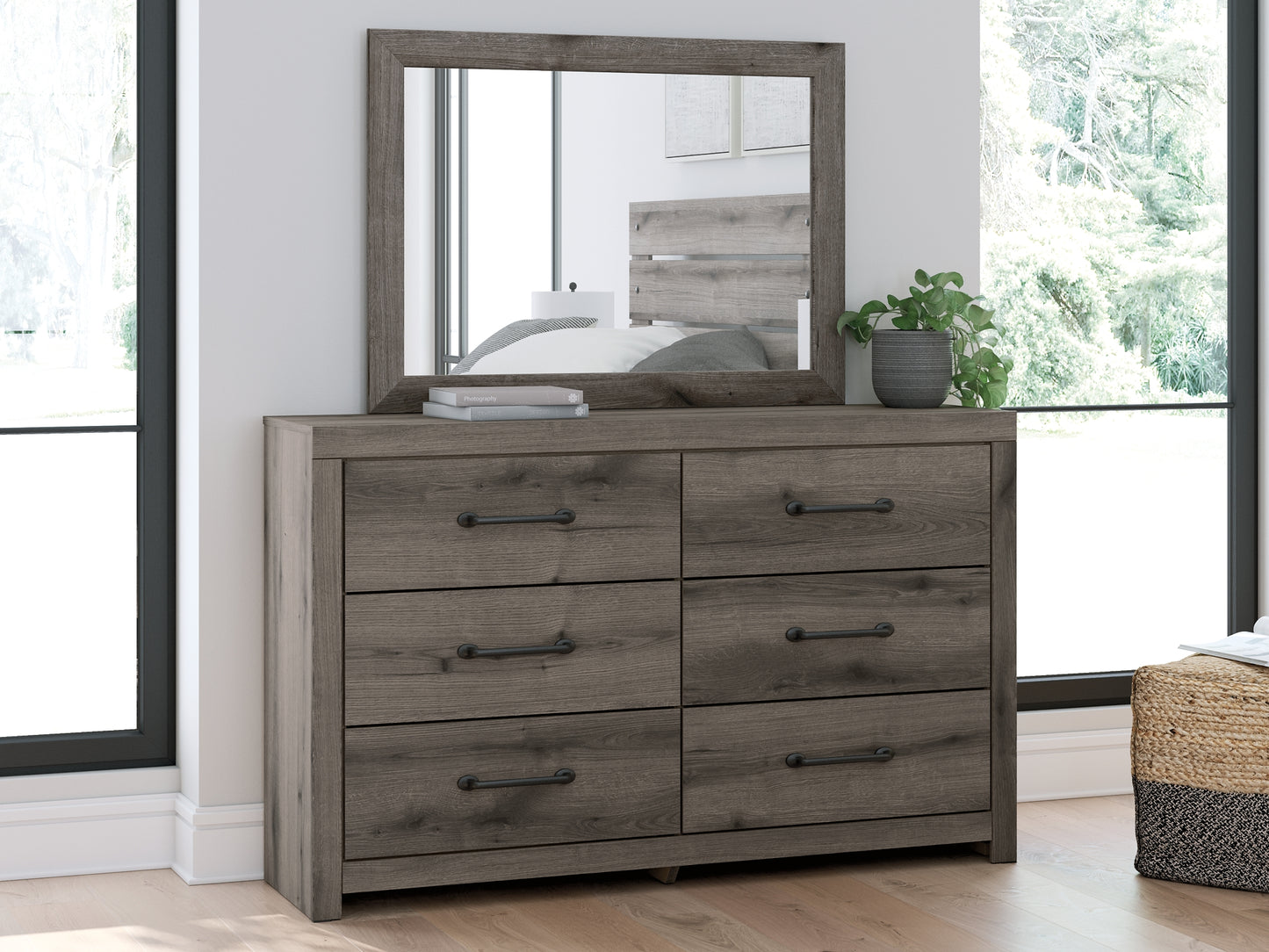 Graystorm Full Panel Bed with Storage with Mirrored Dresser, Chest and Nightstand