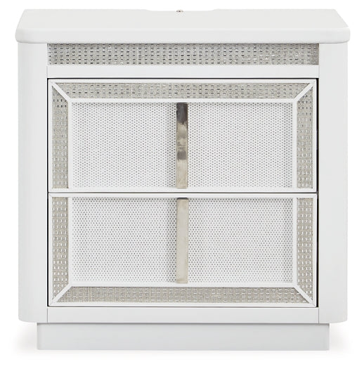 Chalanna California King Upholstered Storage Bed with Mirrored Dresser and Nightstand