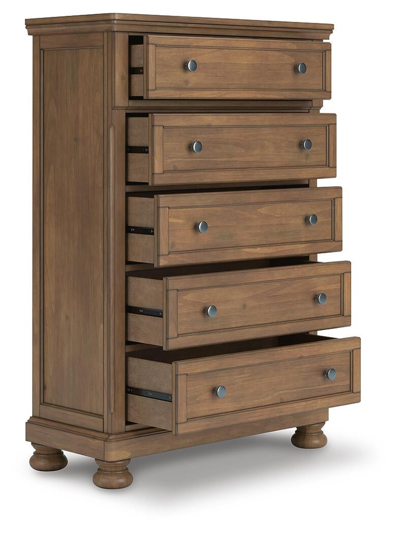Feddinger California King Panel Bed with Mirrored Dresser, Chest and Nightstand