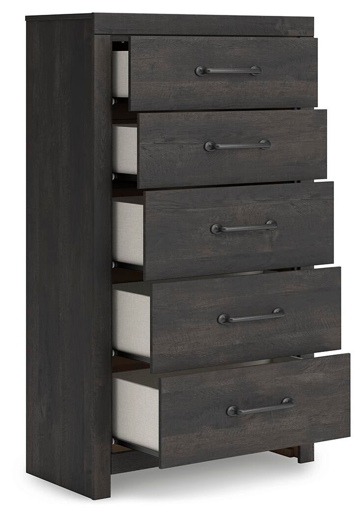 Hollivern King Panel Bed, Dresser, Mirror, Chest and Nightstand
