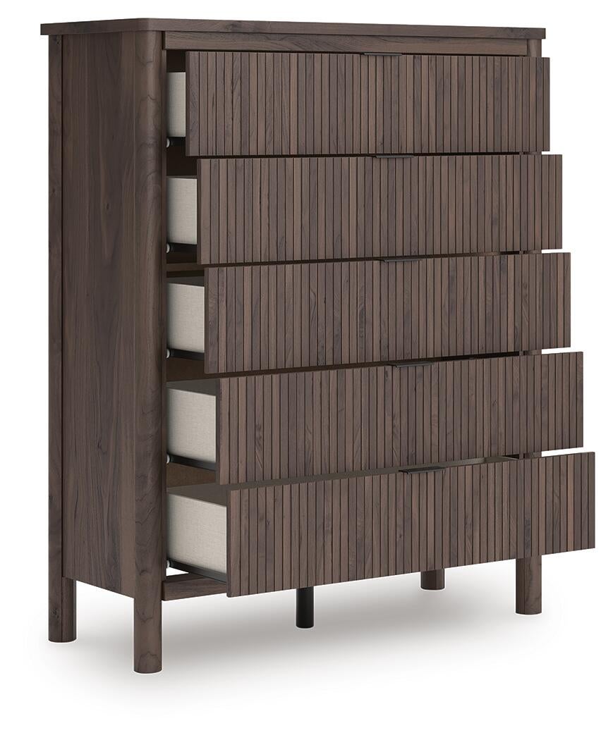 Pamytta Queen Upholstered Panel Bed, Dresser, Mirror, Chest and Nightstand
