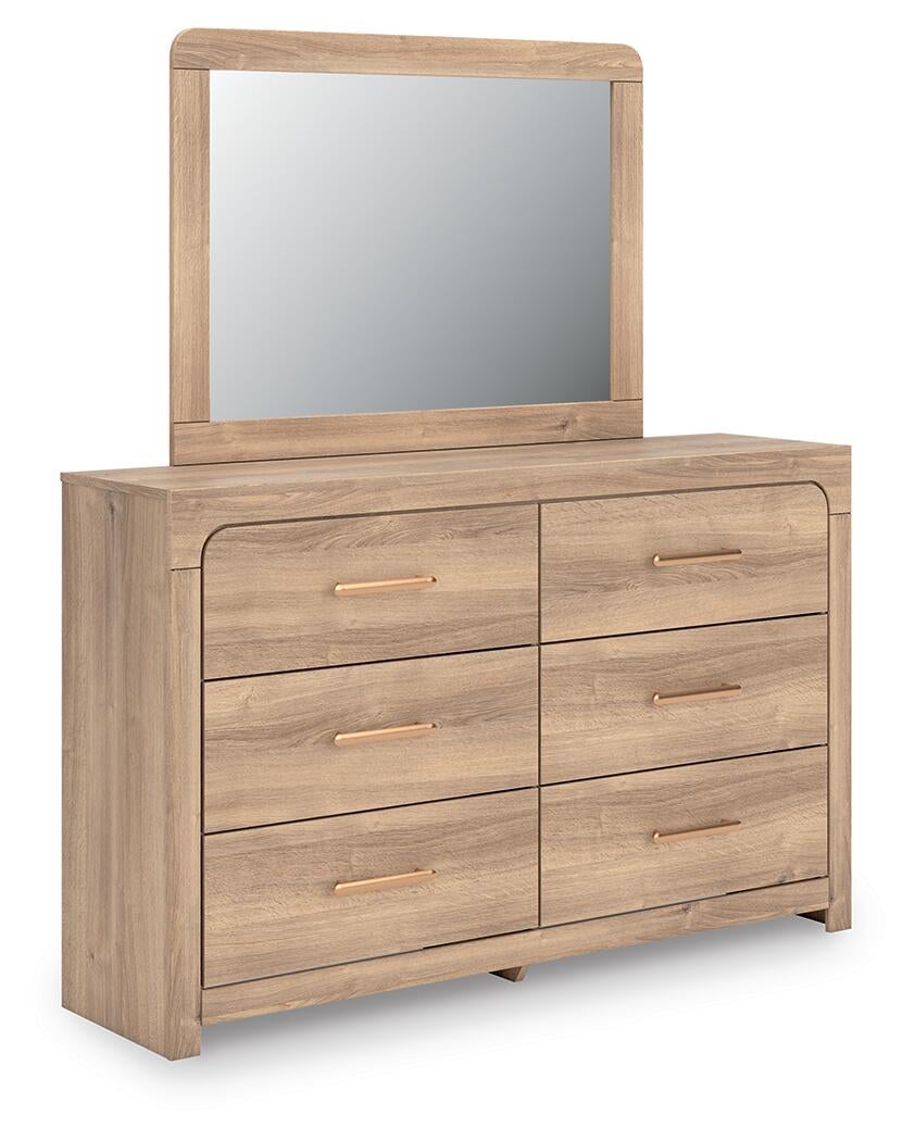 Kinlanni Queen Upholstered Platform Bed, Dresser and Mirror