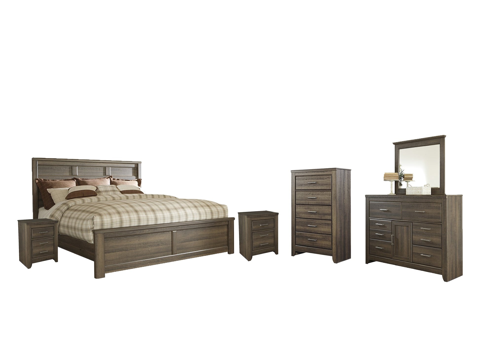 Juararo California King Panel Bed with Mirrored Dresser, Chest and 2 Nightstands Furniture Mart -  online today or in-store at our location in Duluth, Ga. Furniture Mart Georgia. View our lowest price today. Shop Now. 