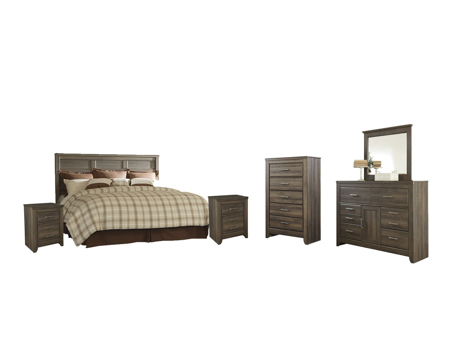 Juararo King/California King Panel Headboard with Mirrored Dresser, Chest and 2 Nightstands Furniture Mart -  online today or in-store at our location in Duluth, Ga. Furniture Mart Georgia. View our lowest price today. Shop Now. 