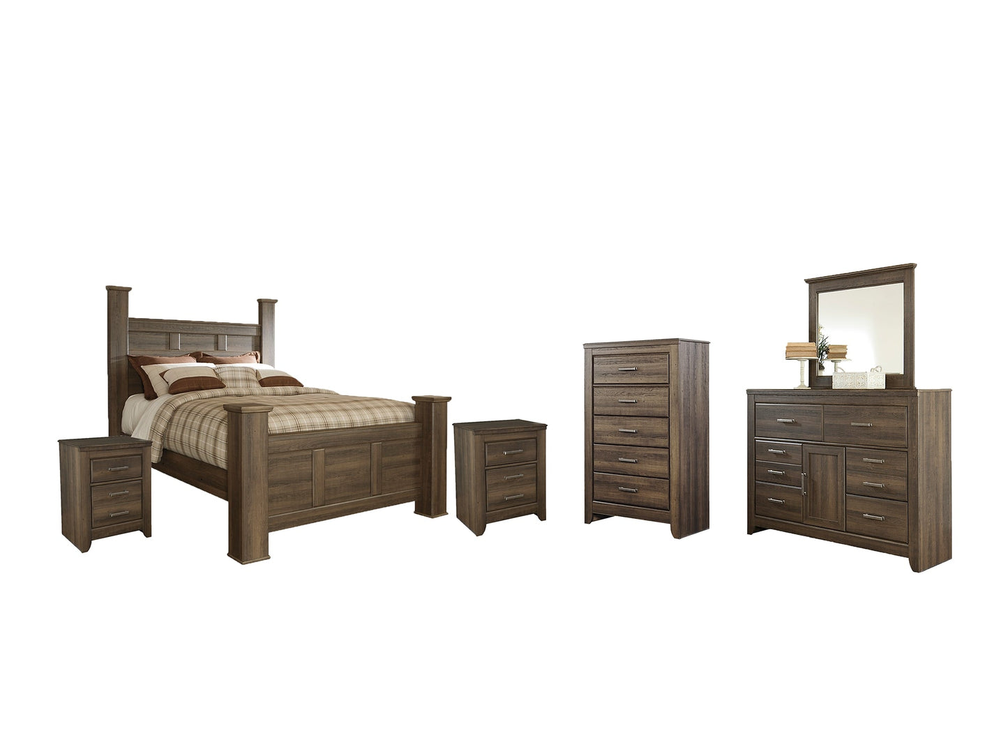 Juararo Queen Poster Bed with Mirrored Dresser, Chest and 2 Nightstands Furniture Mart -  online today or in-store at our location in Duluth, Ga. Furniture Mart Georgia. View our lowest price today. Shop Now. 