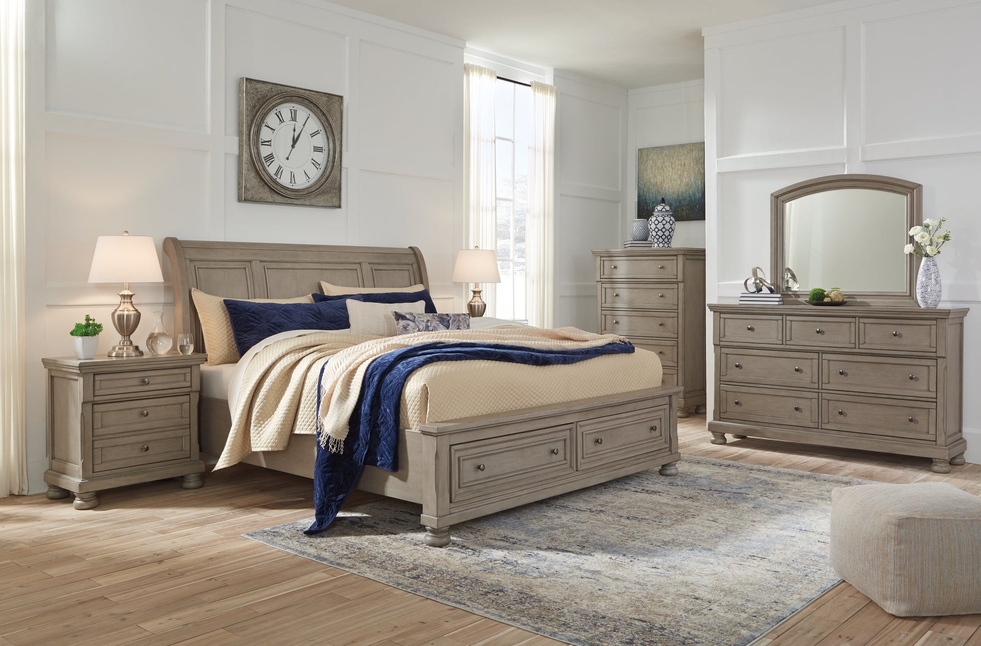 Lettner King Sleigh Bed with 2 Storage Drawers with Mirrored Dresser, Chest and 2 Nightstands Furniture Mart -  online today or in-store at our location in Duluth, Ga. Furniture Mart Georgia. View our lowest price today. Shop Now. 