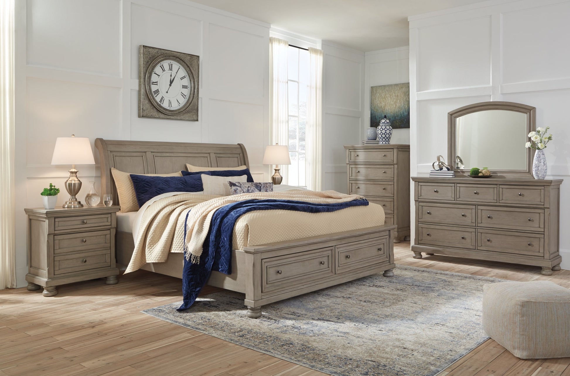 Lettner Queen Sleigh Bed with 2 Storage Drawers with Mirrored Dresser and Chest Furniture Mart -  online today or in-store at our location in Duluth, Ga. Furniture Mart Georgia. View our lowest price today. Shop Now. 