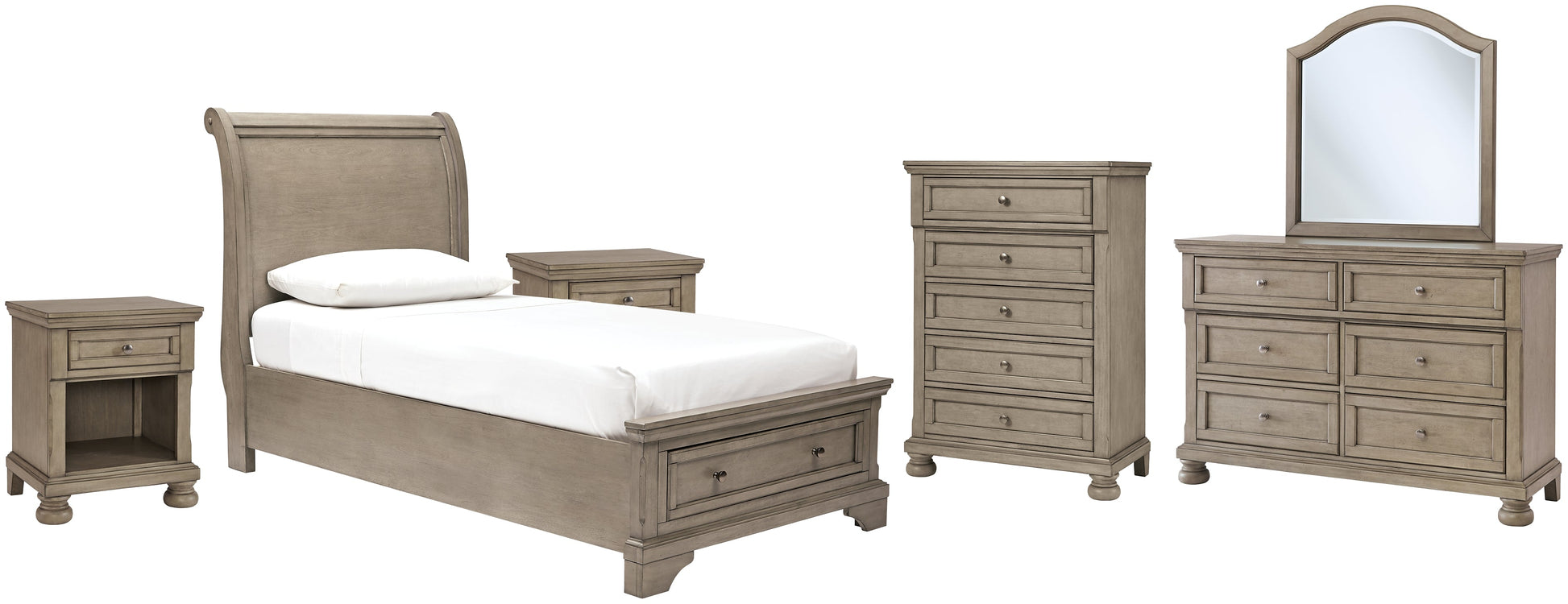 Lettner Twin Sleigh Bed with Mirrored Dresser, Chest and 2 Nightstands Furniture Mart -  online today or in-store at our location in Duluth, Ga. Furniture Mart Georgia. View our lowest price today. Shop Now. 