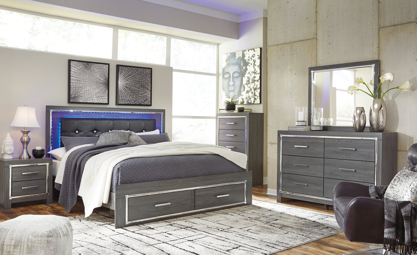 Lodanna King Panel Bed with 2 Storage Drawers with Mirrored Dresser, Chest and Nightstand Furniture Mart -  online today or in-store at our location in Duluth, Ga. Furniture Mart Georgia. View our lowest price today. Shop Now. 