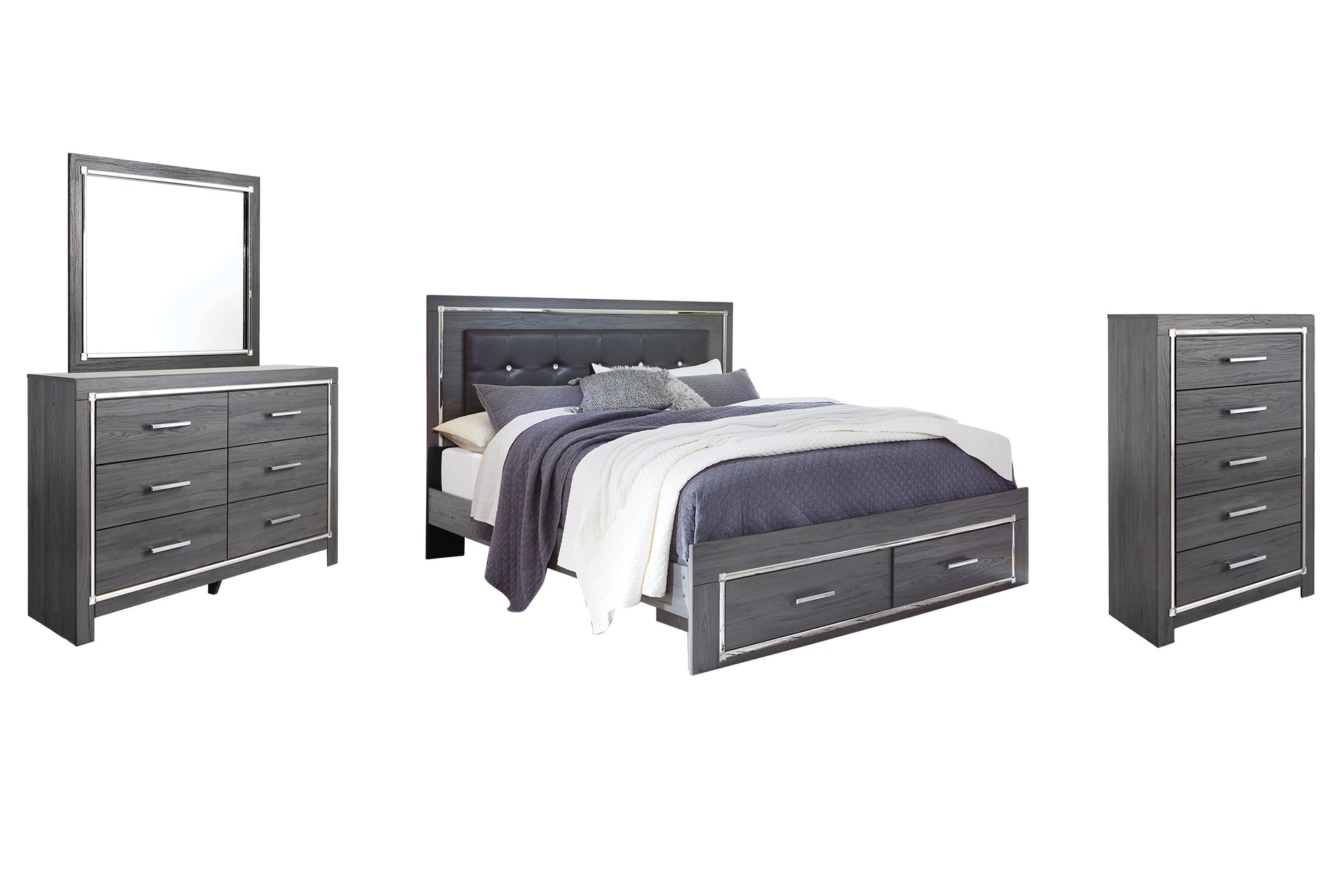 Lodanna King Panel Bed with 2 Storage Drawers with Mirrored Dresser, Chest and Nightstand Furniture Mart -  online today or in-store at our location in Duluth, Ga. Furniture Mart Georgia. View our lowest price today. Shop Now. 