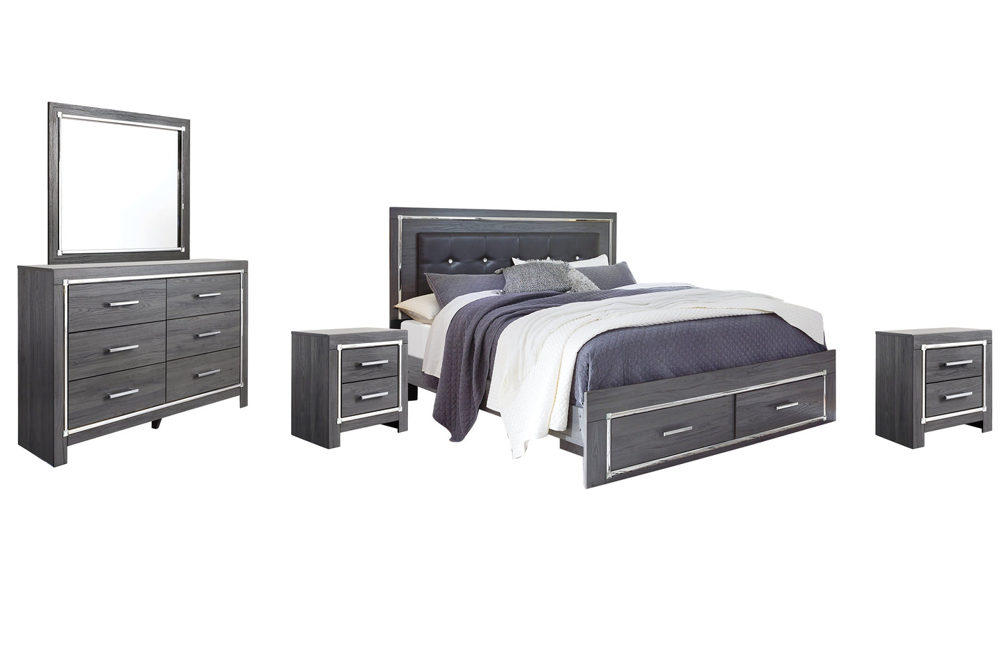 Lodanna King Panel Bed with 2 Storage Drawers with Mirrored Dresser and 2 Nightstands Furniture Mart -  online today or in-store at our location in Duluth, Ga. Furniture Mart Georgia. View our lowest price today. Shop Now. 