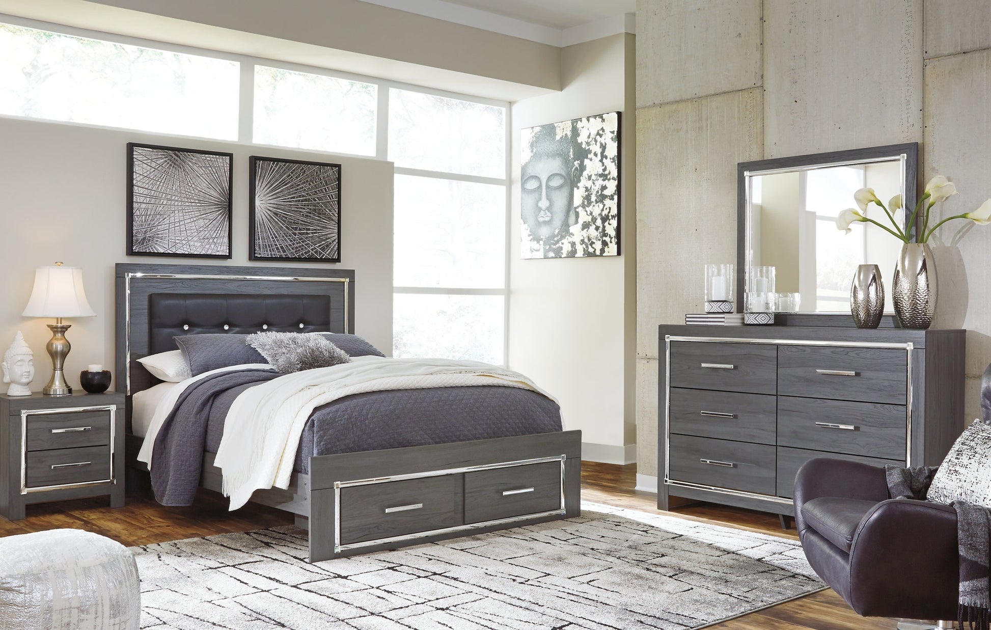 Lodanna Queen Panel Bed with 2 Storage Drawers with Mirrored Dresser and 2 Nightstands Furniture Mart -  online today or in-store at our location in Duluth, Ga. Furniture Mart Georgia. View our lowest price today. Shop Now. 