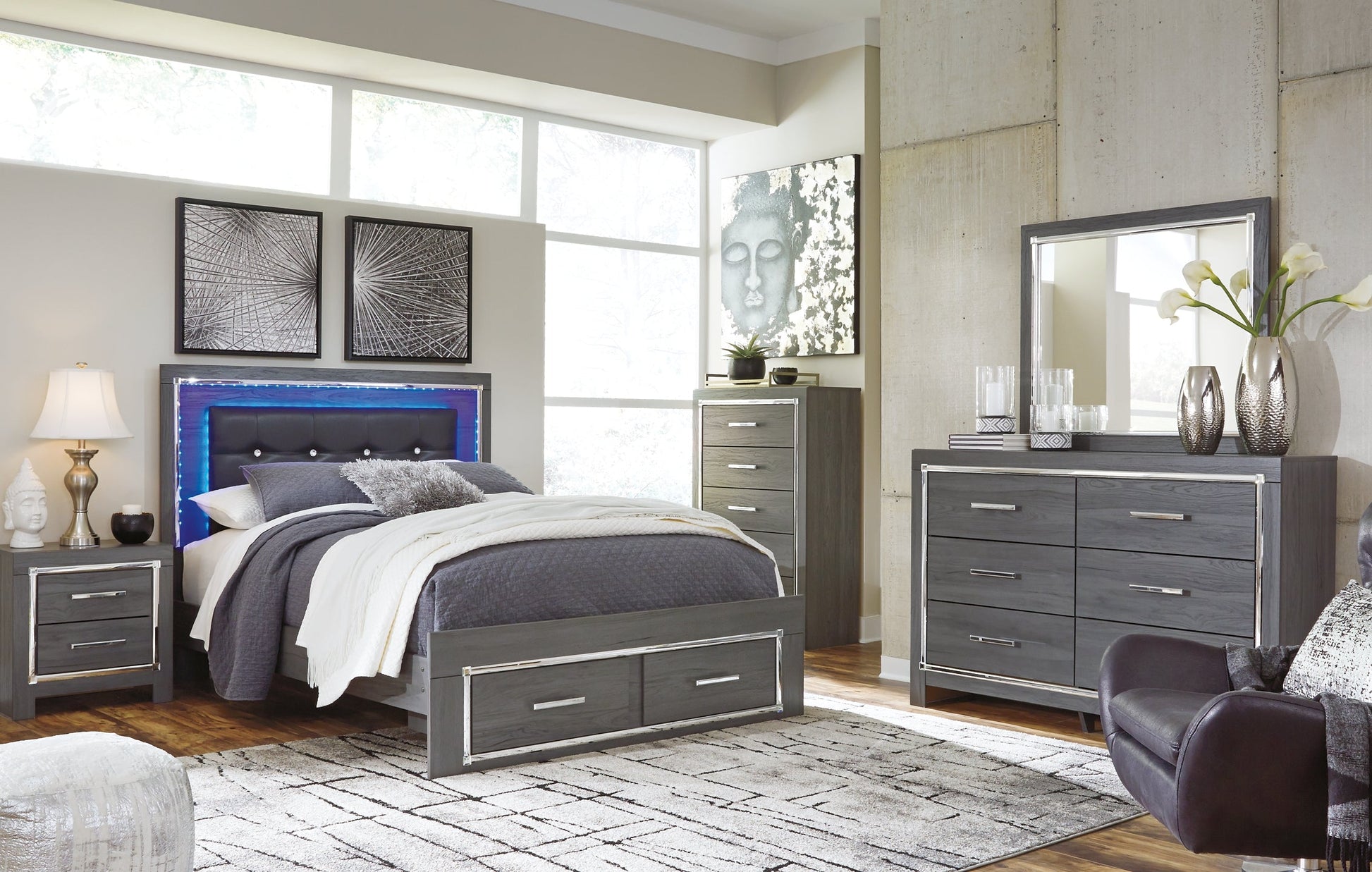 Lodanna Queen Panel Bed with 2 Storage Drawers with Mirrored Dresser and Chest Furniture Mart -  online today or in-store at our location in Duluth, Ga. Furniture Mart Georgia. View our lowest price today. Shop Now. 