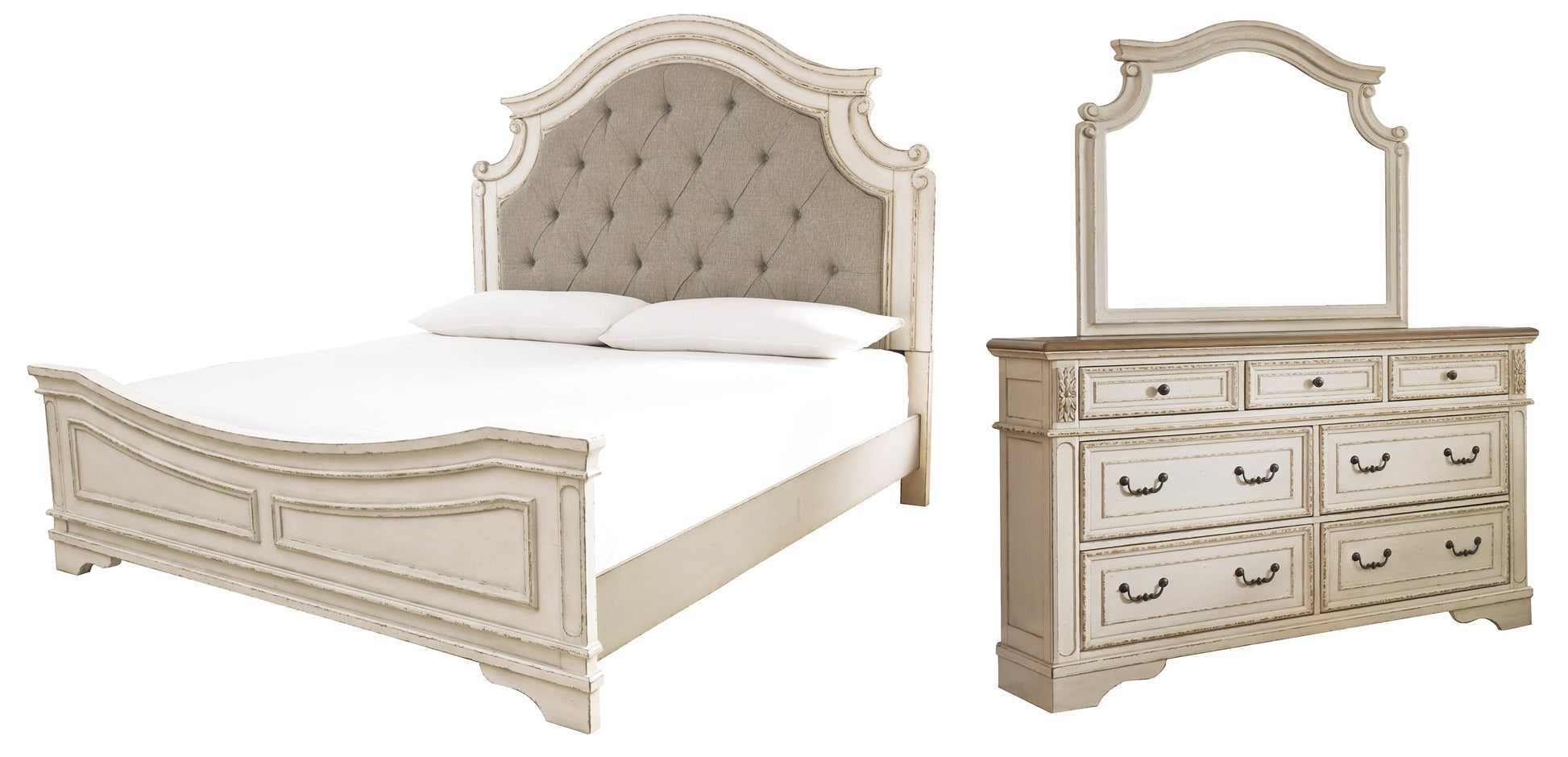 Realyn California King Upholstered Panel Bed with Mirrored Dresser Furniture Mart -  online today or in-store at our location in Duluth, Ga. Furniture Mart Georgia. View our lowest price today. Shop Now. 