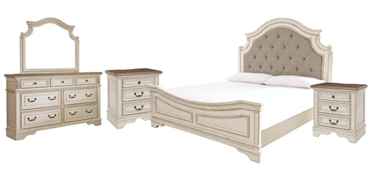 Realyn California King Upholstered Panel Bed with Mirrored Dresser and 2 Nightstands Furniture Mart -  online today or in-store at our location in Duluth, Ga. Furniture Mart Georgia. View our lowest price today. Shop Now. 