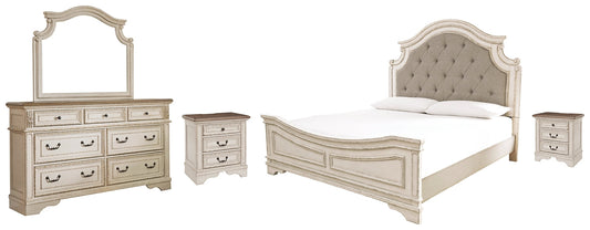 Realyn Queen Upholstered Panel Bed with Mirrored Dresser and 2 Nightstands Furniture Mart -  online today or in-store at our location in Duluth, Ga. Furniture Mart Georgia. View our lowest price today. Shop Now. 