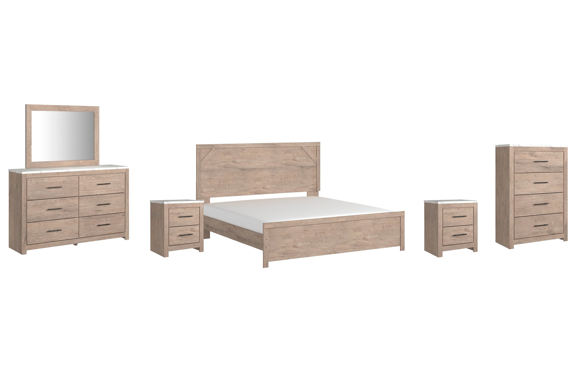 Senniberg King Panel Bed with Mirrored Dresser, Chest and 2 Nightstands Furniture Mart -  online today or in-store at our location in Duluth, Ga. Furniture Mart Georgia. View our lowest price today. Shop Now. 