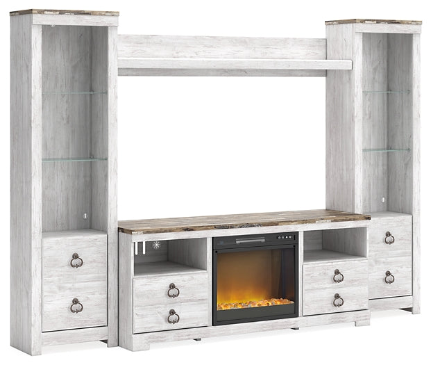 Willowton 4-Piece Entertainment Center with Electric Fireplace Furniture Mart -  online today or in-store at our location in Duluth, Ga. Furniture Mart Georgia. View our lowest price today. Shop Now. 